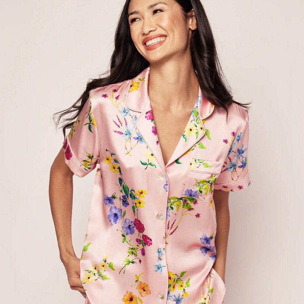 Mulberry Silk Pajama Short Set in Blush Brilliant Botanical